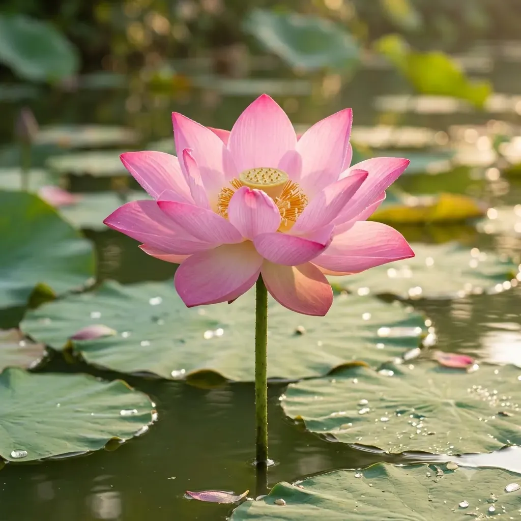 A pink lotus in bloom among lotus leaves on a pond