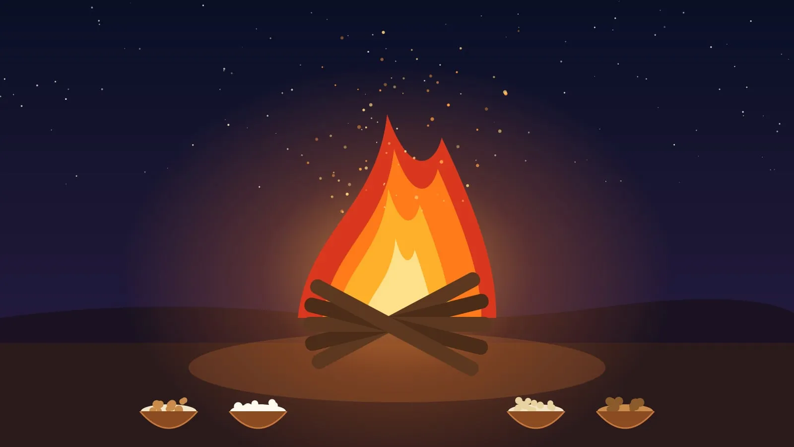 A picture drawn in code: a log bonfire burning under a starry night sky, sparks rising, and bowls of peanuts, puffed rice and rewri beside it