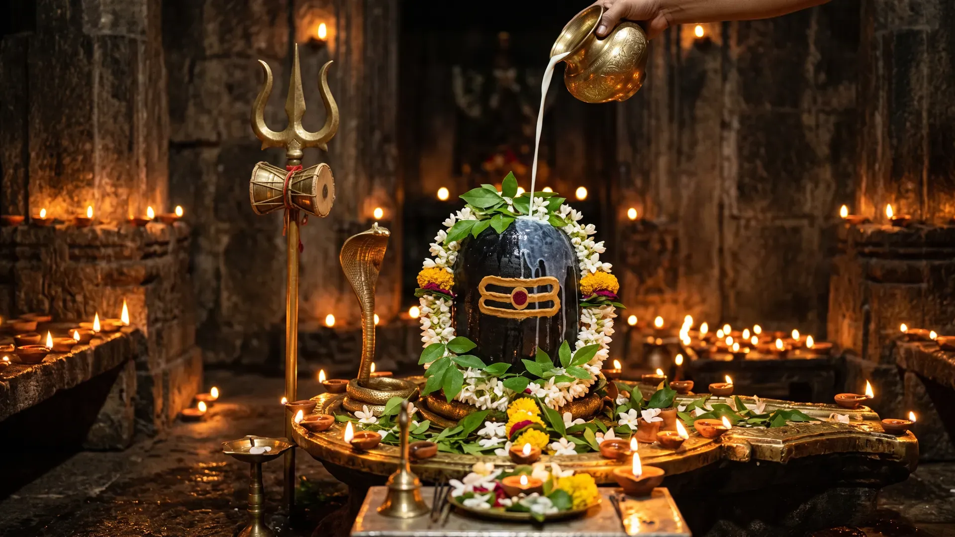 Milk poured on a Shivling decked with bel leaves and flowers, with a trishul, a damru and lit lamps nearby