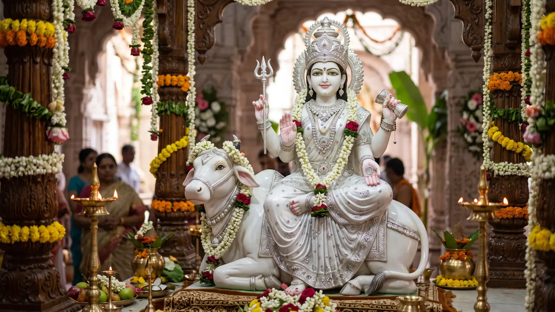 A Mahagauri murti in white on a white bull, holding a trident and a damaru