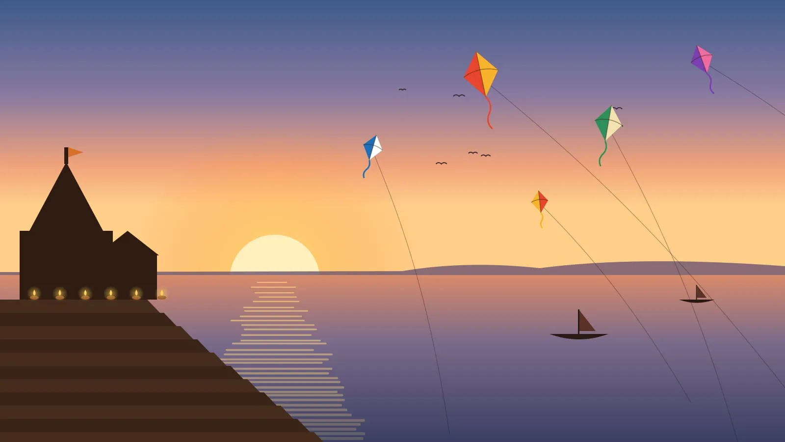 A picture drawn in code: the sun rising over a river, ghat steps with a small temple and lit lamps on the bank, and colourful kites in the sky