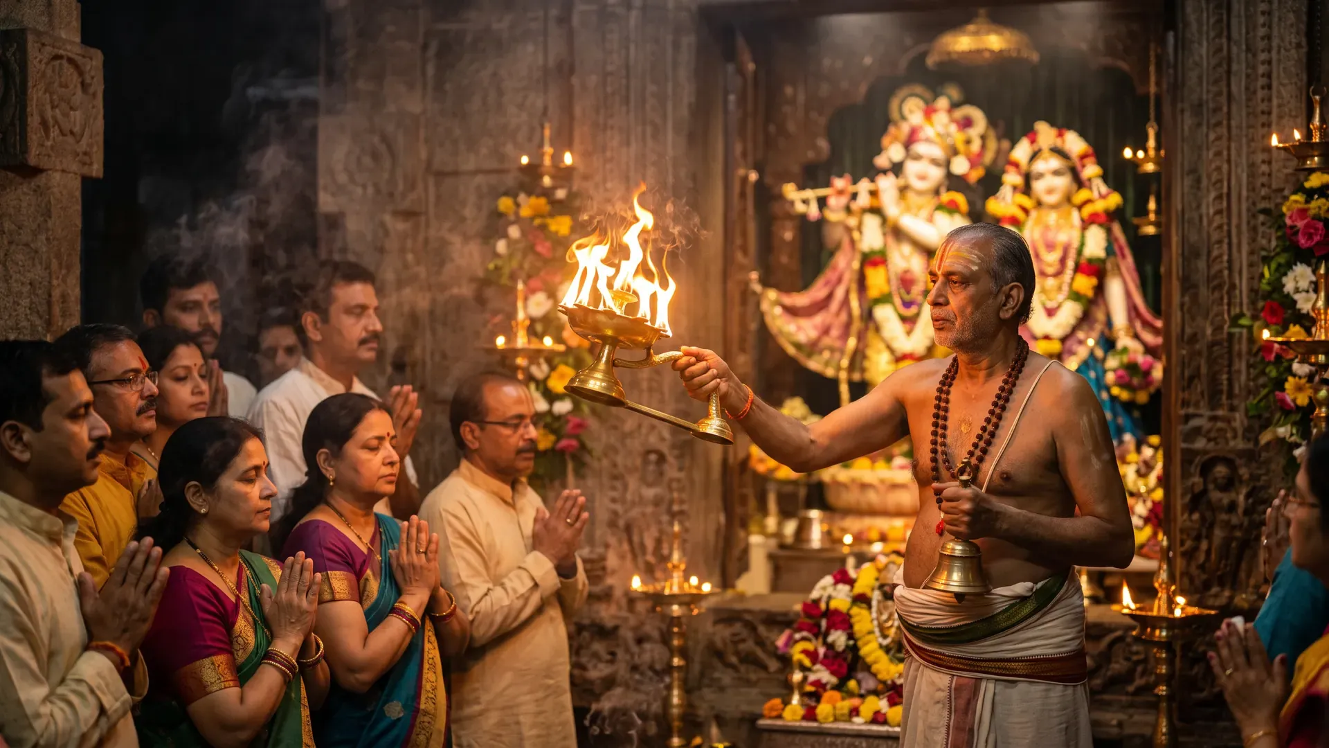 Evening aarti in a temple: a priest holds a five-wick brass lamp, with devotees’ hands folded