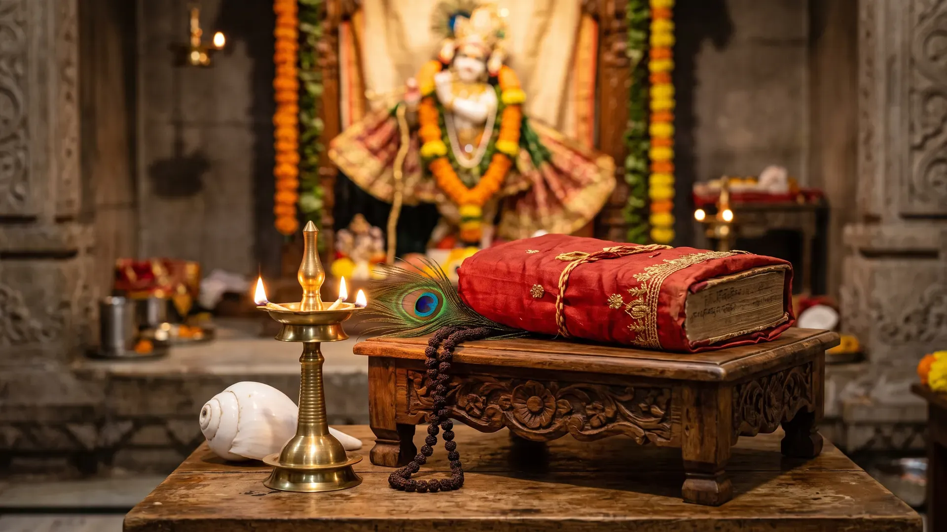Gita Jayanti in a temple: a Bhagavad Gita wrapped in red cloth on a wooden stand, with a peacock feather, a conch, a tulsi mala and a lit lamp