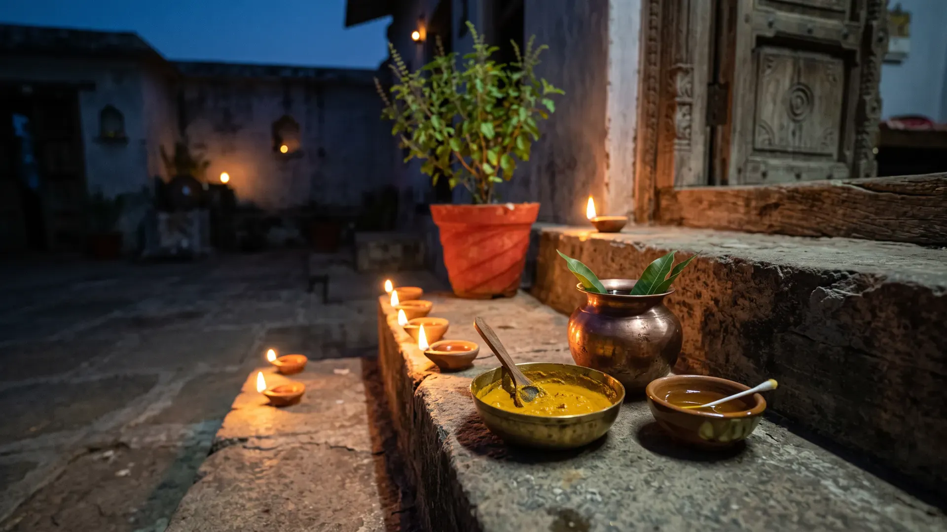 Choti Diwali before dawn: a bowl of ubtan, a copper pot, oil and lit diyas on courtyard steps