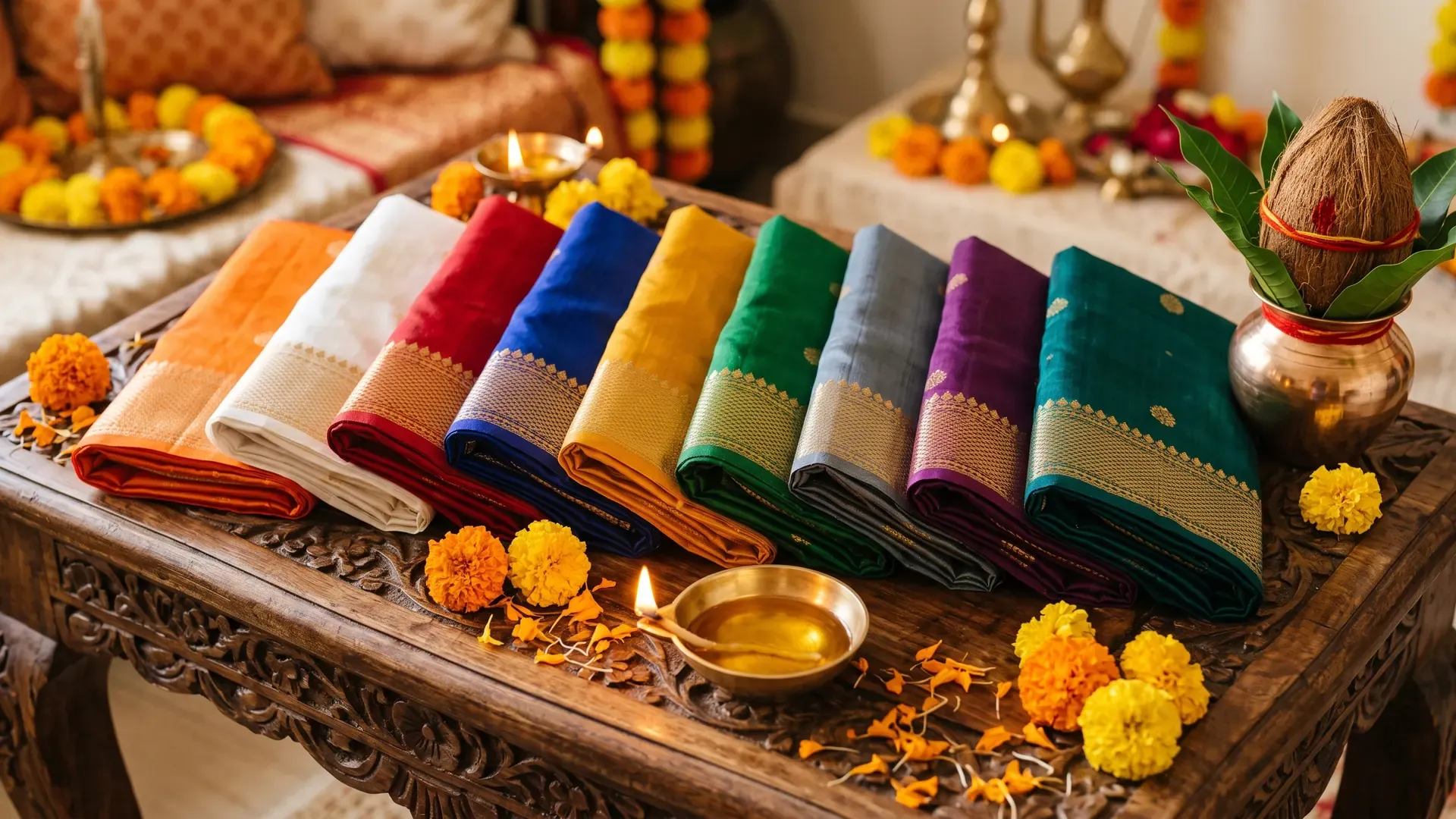 Silk dupattas in the nine Navratri colours in a row: orange, white, red, blue, yellow, green, grey, purple and peacock green, with a diya in front