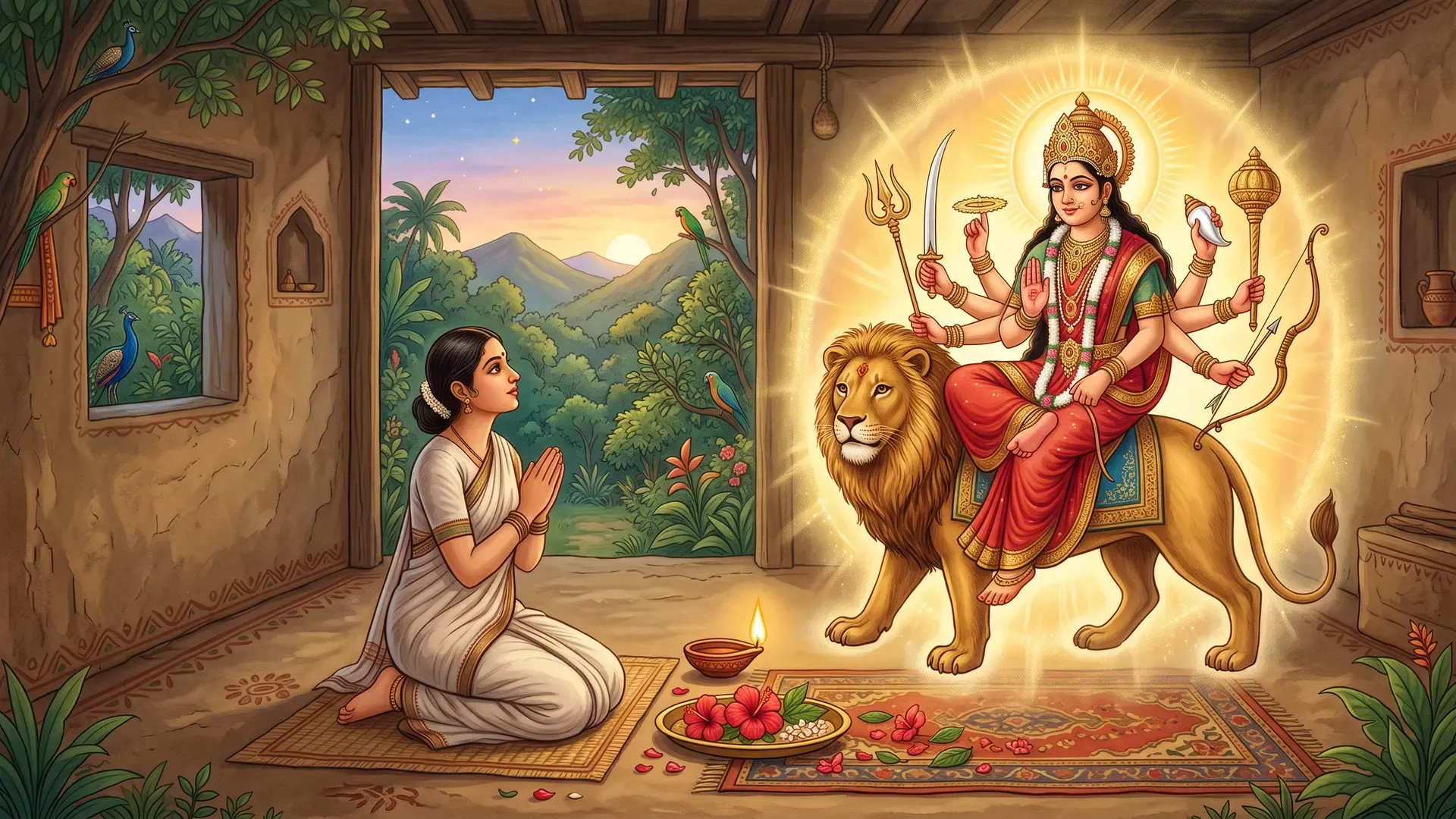 In a folk miniature-painting style: at dawn in a humble forest hermitage, a young woman in a simple saree kneels with folded hands before the goddess Durga, who appears in golden light, eight-armed and seated on a lion, one hand raised in blessing; an oil lamp and red hibiscus flowers lie on a leaf plate before her