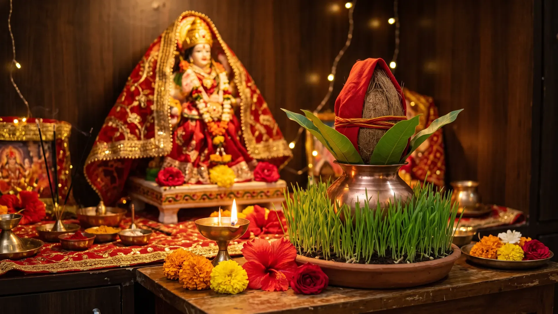 Ghatasthapana: a copper kalash with mango leaves and a coconut wrapped in red cloth over sprouted barley, a lit diya, and behind it a Durga murti in a red chunri