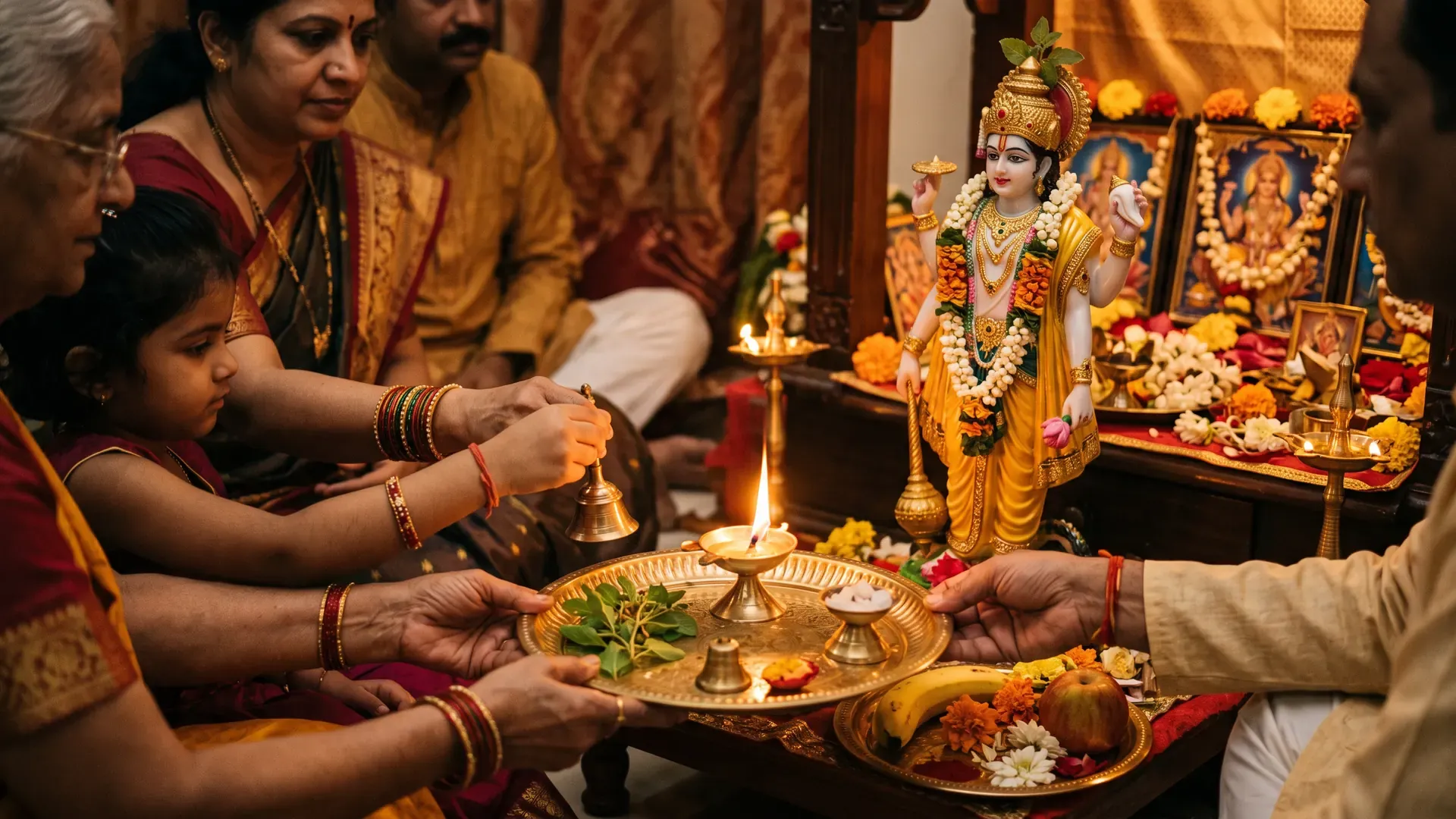 A family doing aarti before a four-armed Vishnu murti at home, with tulsi and fruit