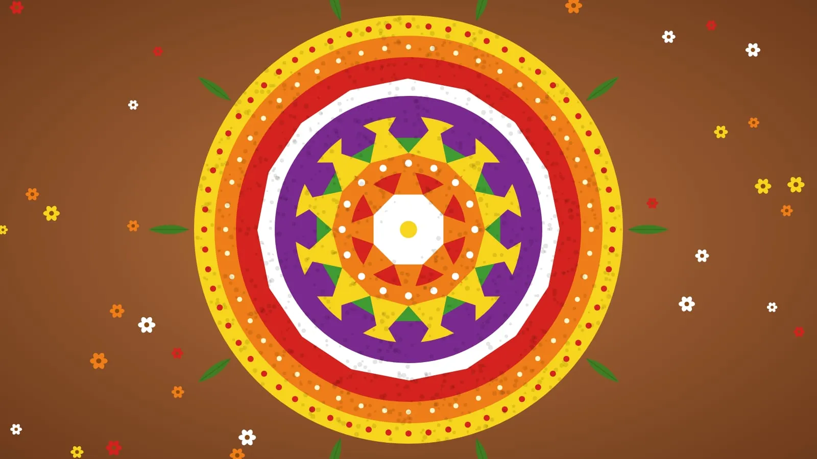 A picture drawn in code: a round pookkalam seen from above: rings of yellow, orange, red, white, purple and green flowers with star shapes in the middle, and flowers and leaves scattered around it