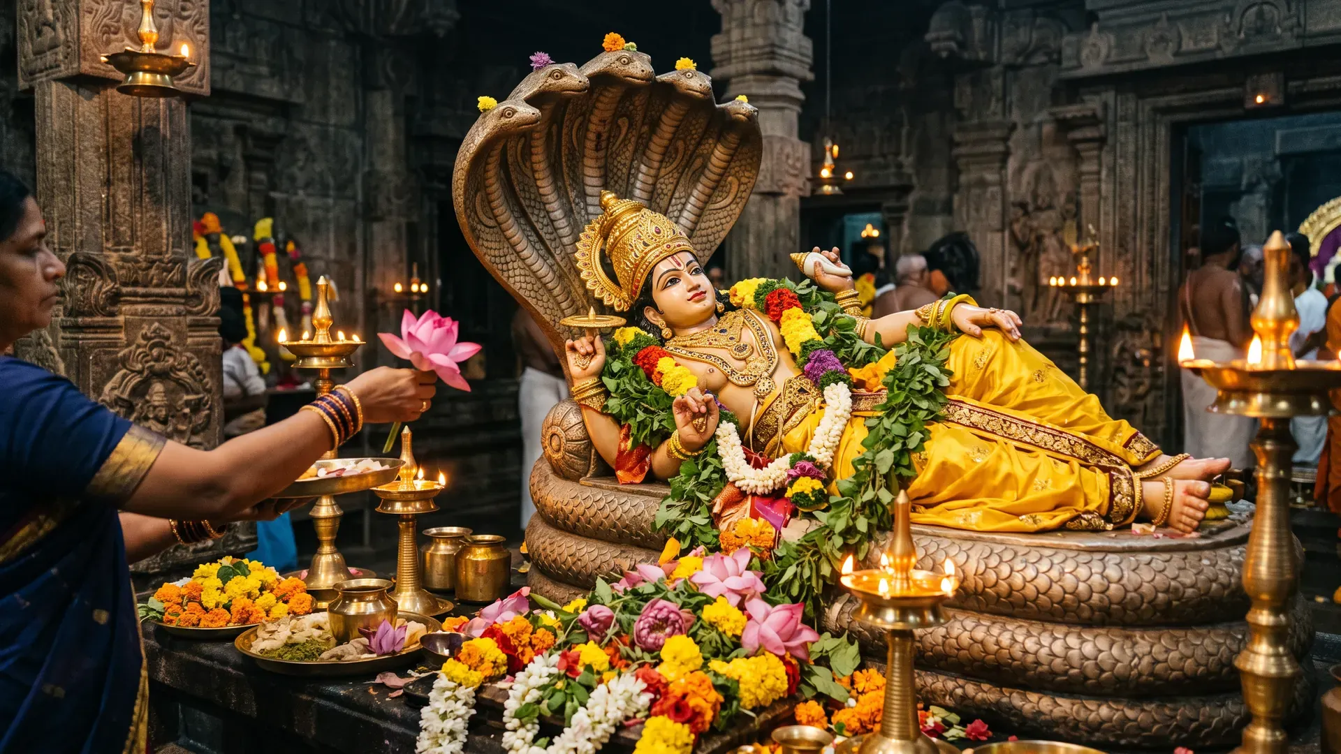 A temple murti of Lord Vishnu reclining on Shesha, with a devotee offering a lotus and lamps glowing