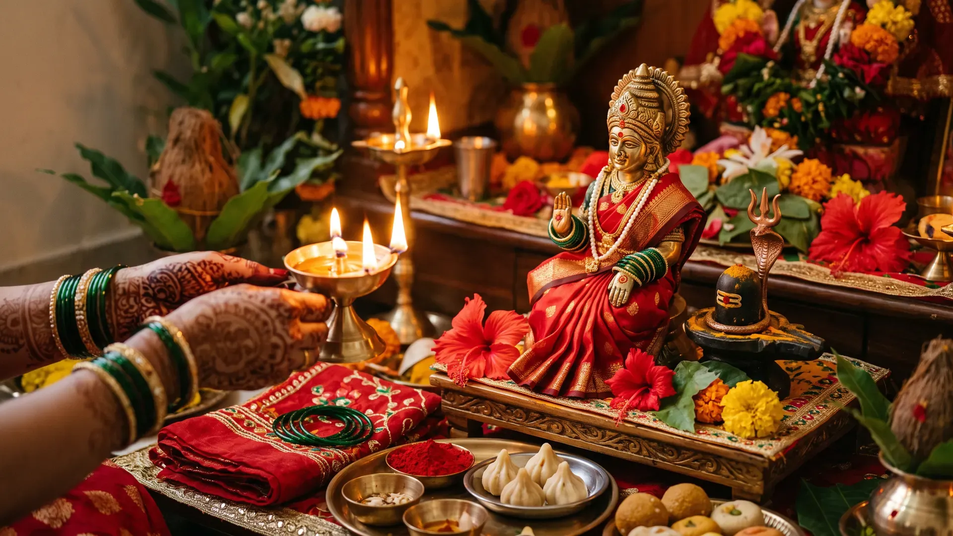 Gauri puja: a Parvati murti in a red saree, with sindoor, bangles, a chunri and an aarti lamp