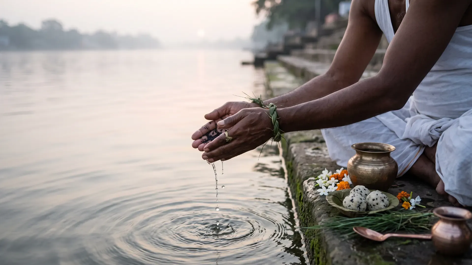 Pitru Paksha tarpan at dawn: hands wearing a kusha ring release water with sesame seeds into a river, with a lota and pindas on the step