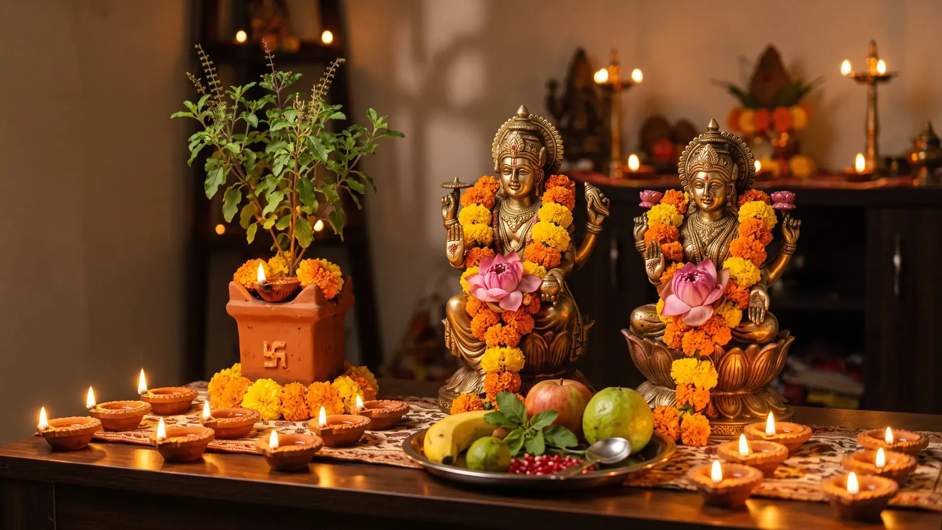 A home altar in Kartik: brass murtis decked with lotus and marigold, a tulsi plant, fruit and rows of lit lamps
