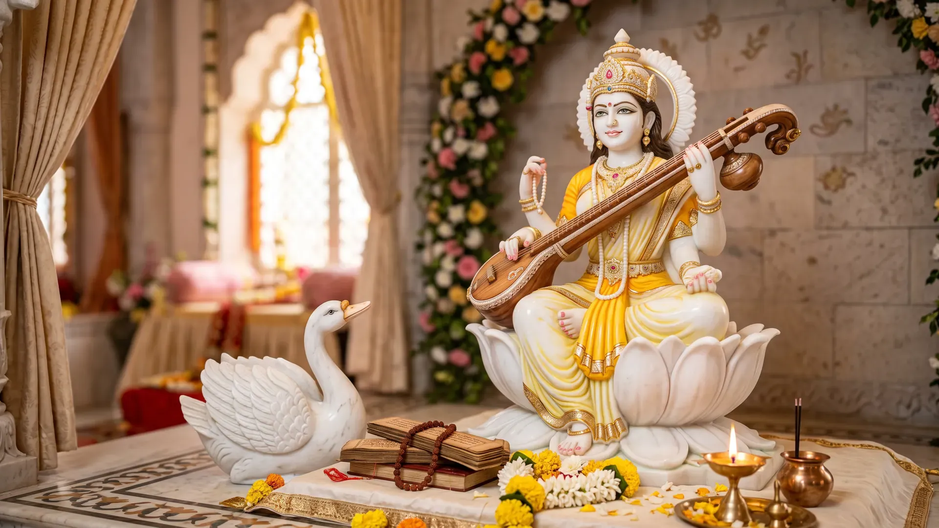 A Saraswati murti playing the veena on a white lotus, with a swan and books beside her