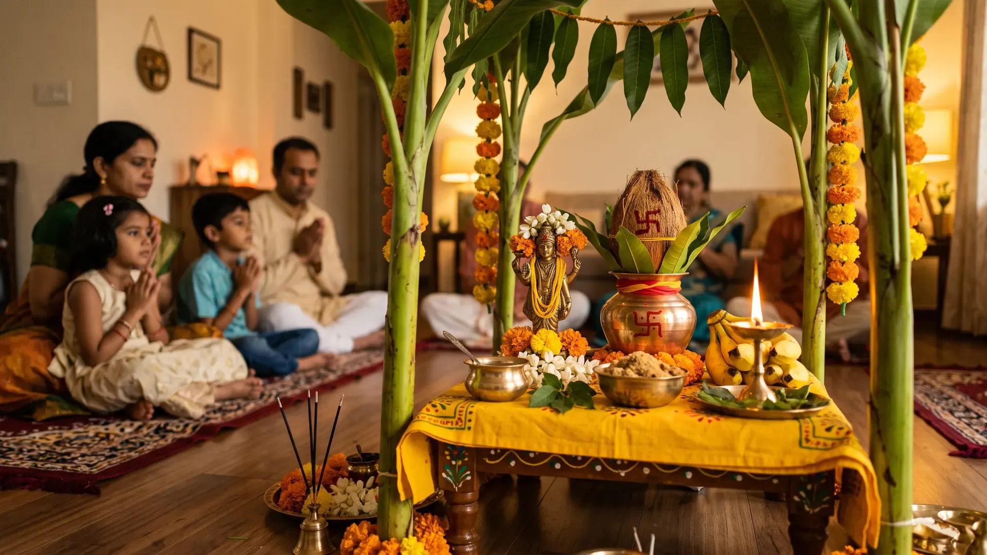 A Satyanarayan puja under a banana-stem mandap: a kalash, panchamrit, panjiri and the family seated around