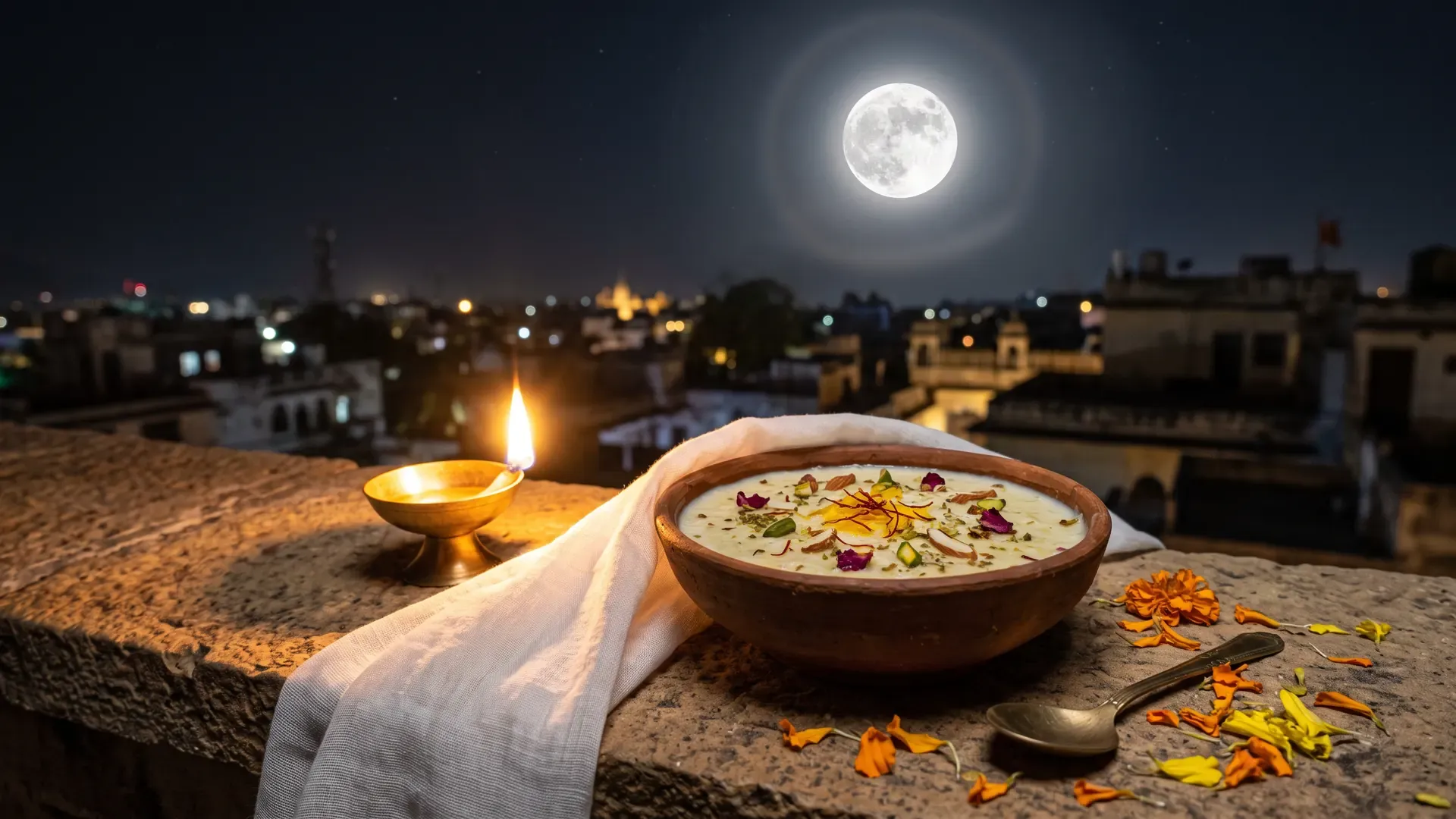 Sharad Purnima night: a bowl of kheer half-covered with muslin on a rooftop ledge under the full moon, with a lit diya beside it