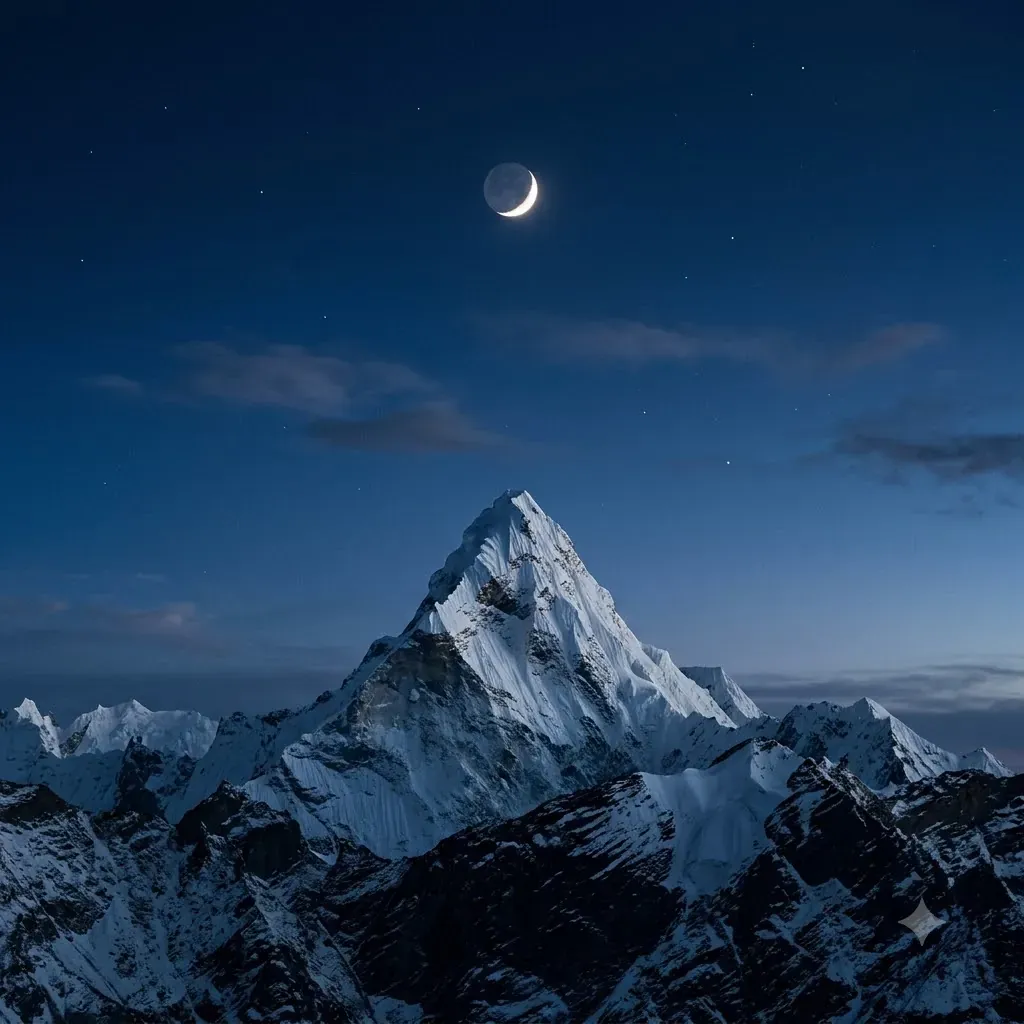A crescent moon above a Himalayan peak in the night sky