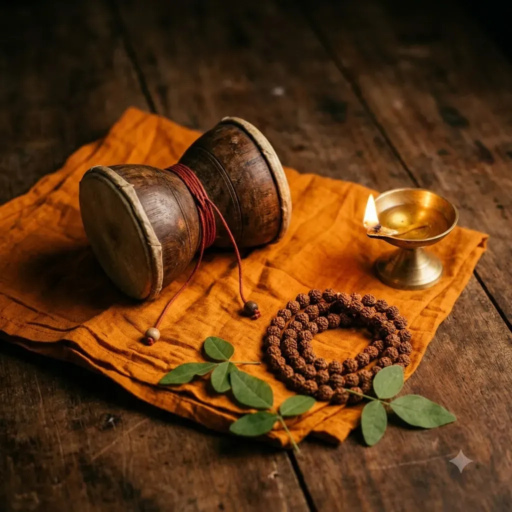 A damru on a saffron cloth with a rudraksha mala, green leaves and a brass lamp