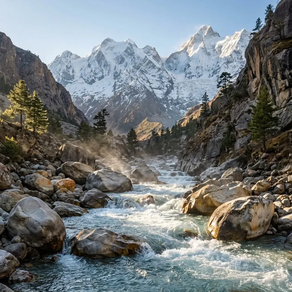The Ganga rushing between boulders below snowy Himalayan peaks