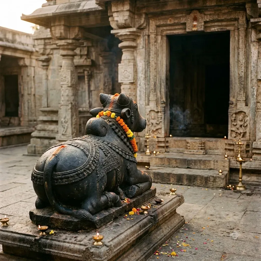A black stone Nandi wearing a marigold garland in a stone temple courtyard