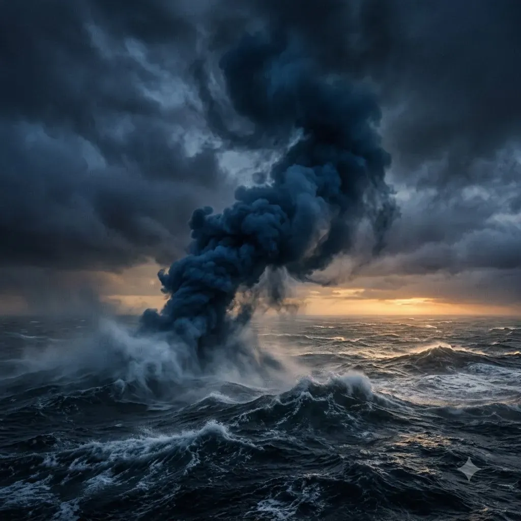 Blue-black smoke rising from a stormy ocean, a symbol of the halahala poison from the churning of the ocean