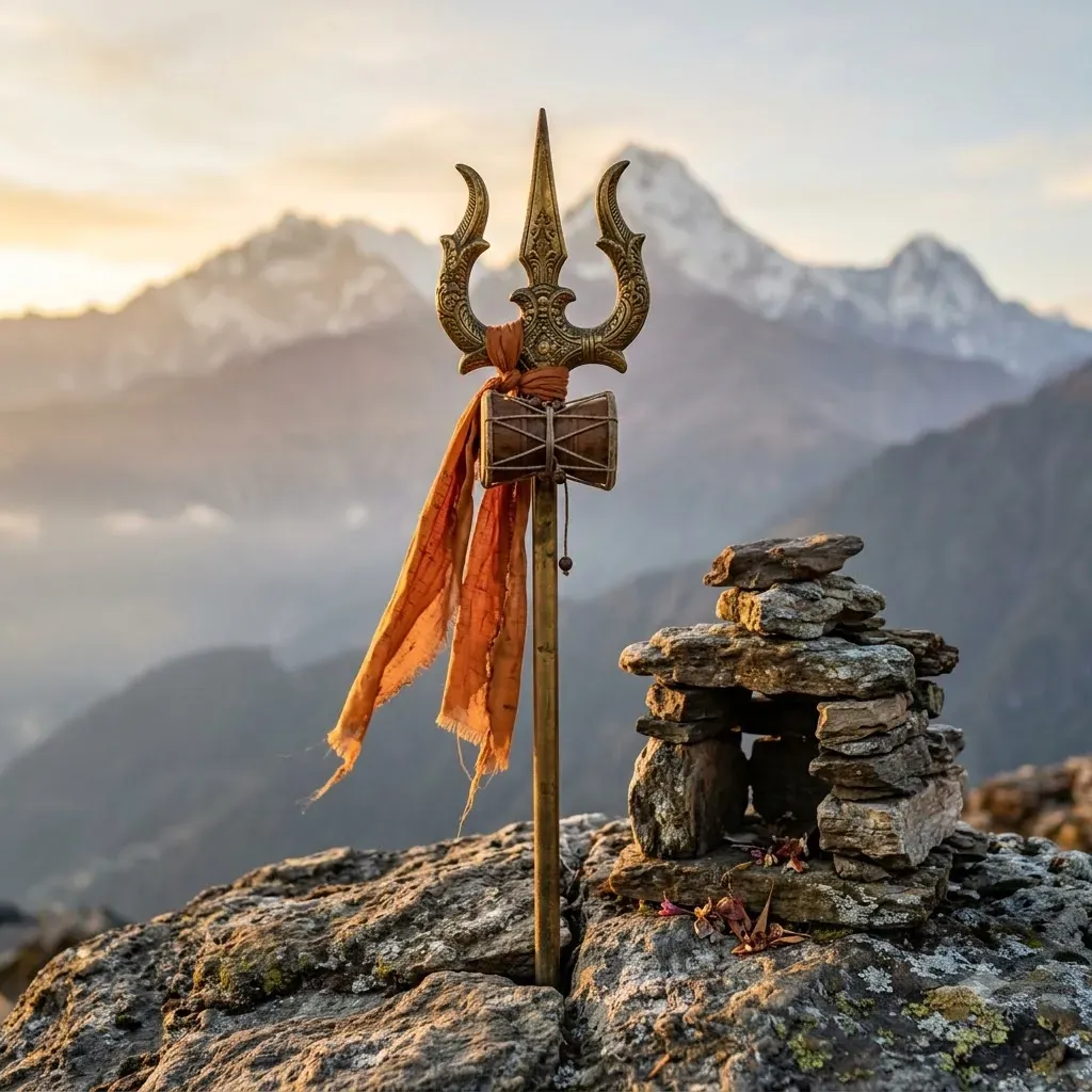 A brass trishul with a small damru and a saffron cloth, set by a stone shrine before Himalayan peaks