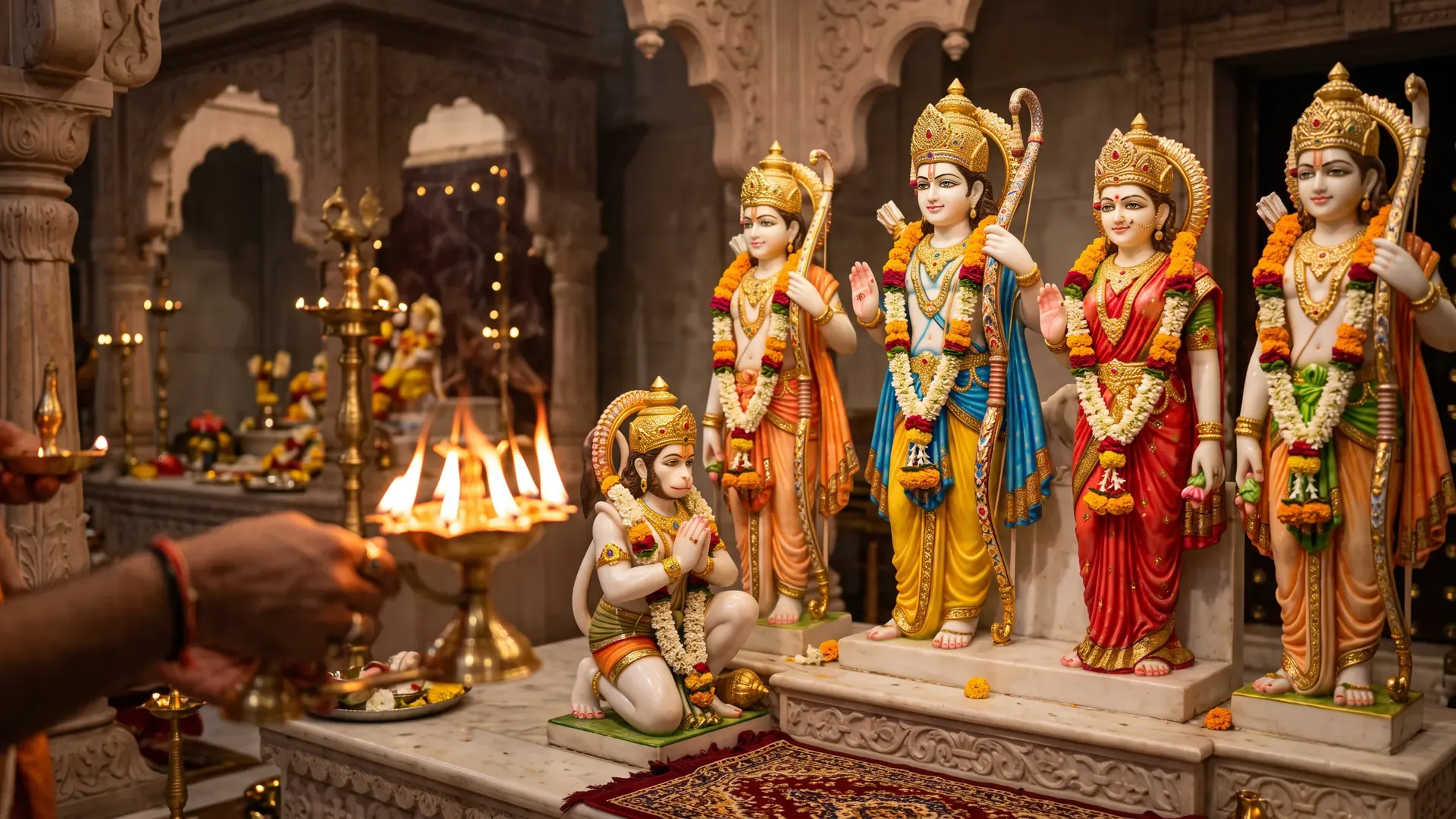 The Ram Darbar in a temple: Shri Ram with his bow, Sita, Lakshman and Hanuman at their feet, with an aarti lamp in front