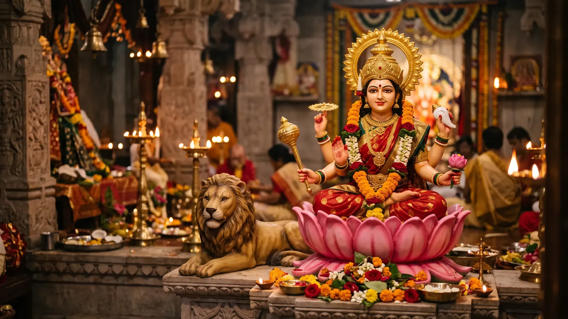 A four-armed Siddhidatri murti seated on a lotus, with a lion beside her