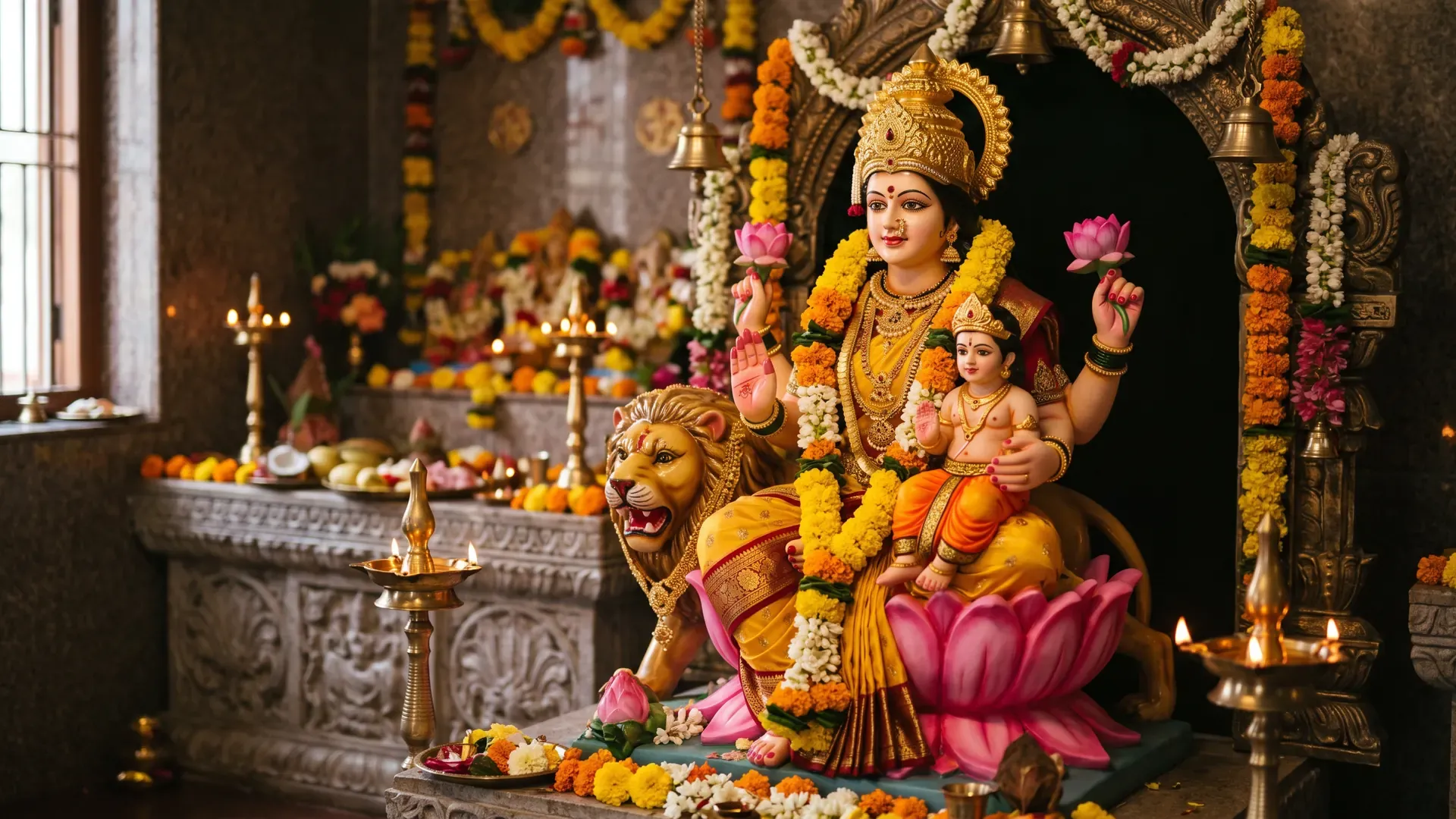 A Skandamata murti on a lotus with the child Skanda on her lap and a lion beside her
