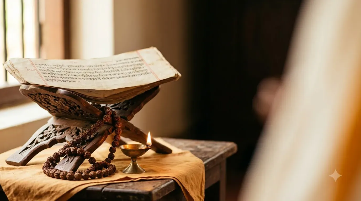 An old manuscript open on a wooden stand, with a rudraksha mala