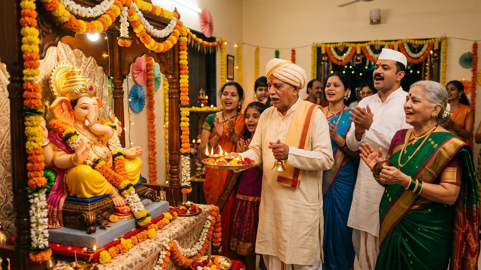 A Maharashtrian family singing the Ganpati aarti during Ganeshotsav, with cymbals and an aarti plate