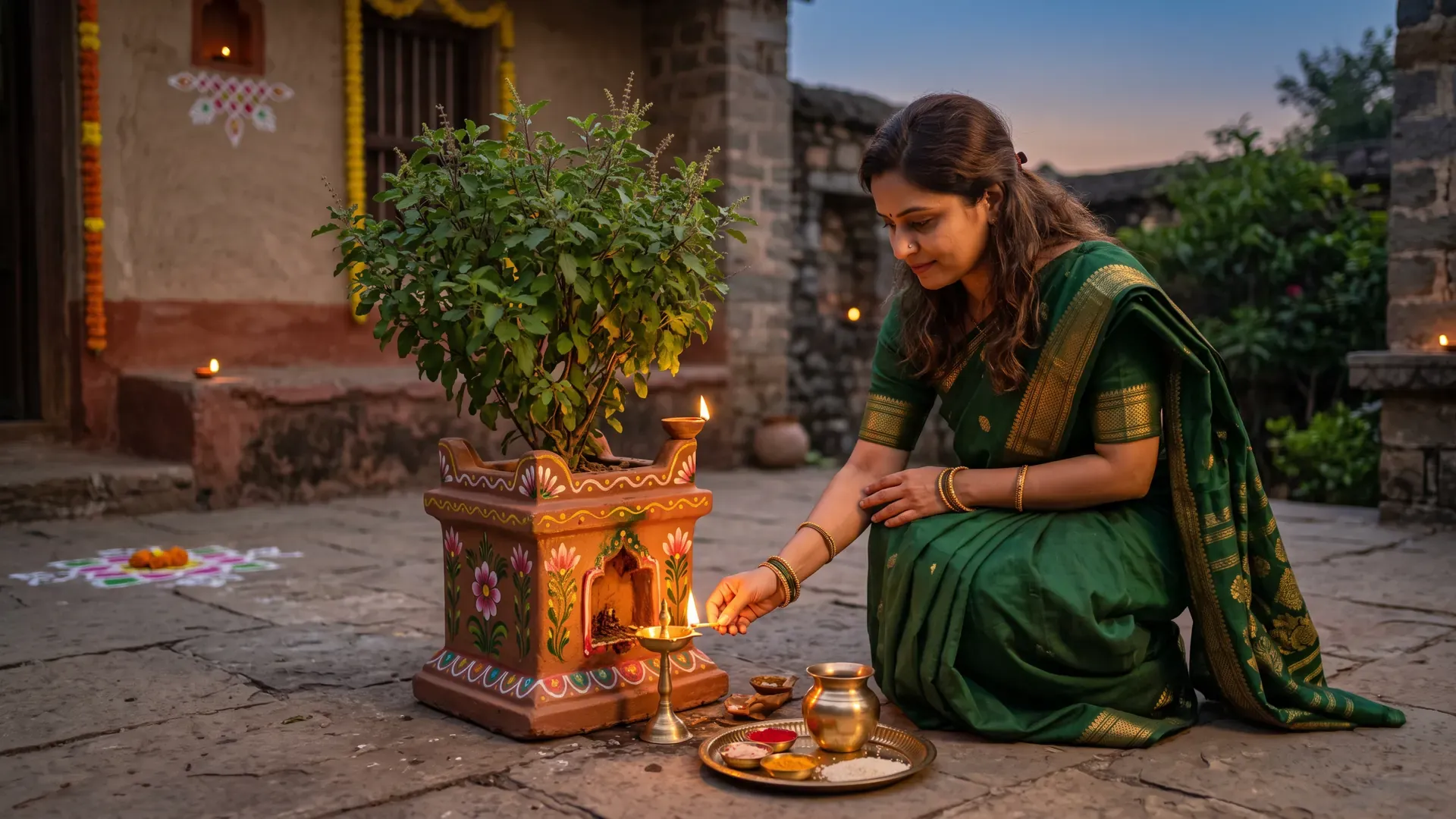 At dusk a woman in a green saree lights a lamp at the tulsi chaura in the courtyard
