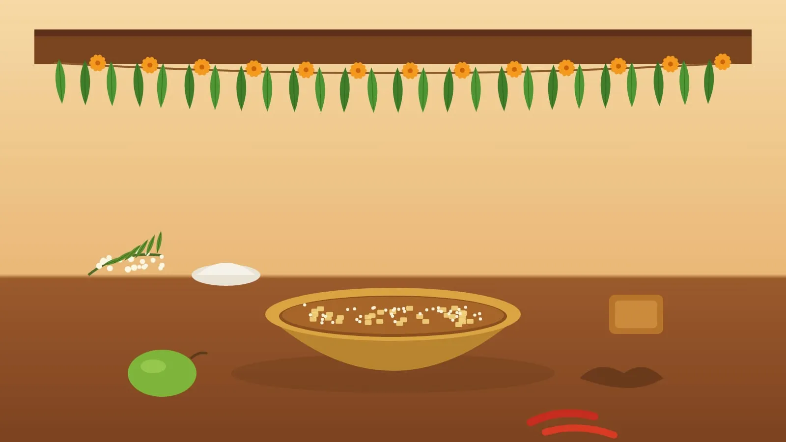 A picture drawn in code: a torana of mango leaves and marigolds over a doorway, a brass bowl of Ugadi pachadi below it, and beside it neem flowers, a raw mango, tamarind, jaggery, salt and green chillies