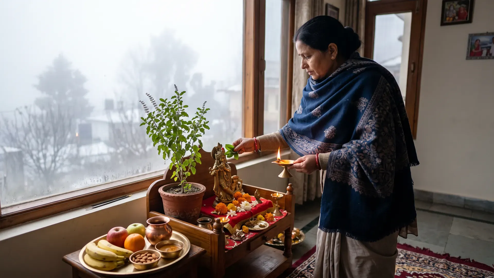 On a misty December morning, a woman in a shawl offers tulsi and lights a lamp at a home altar, with a plate of fruit beside her