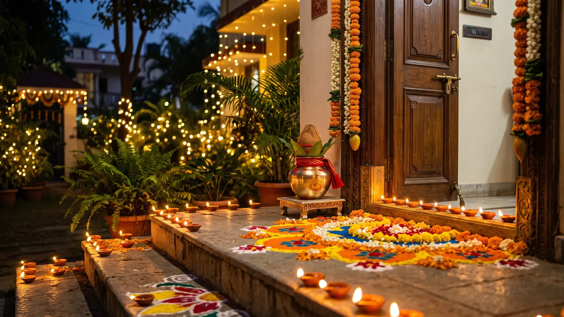 A home entrance on a festival evening: lit diyas on the steps, a flower rangoli, a marigold toran and a kalash