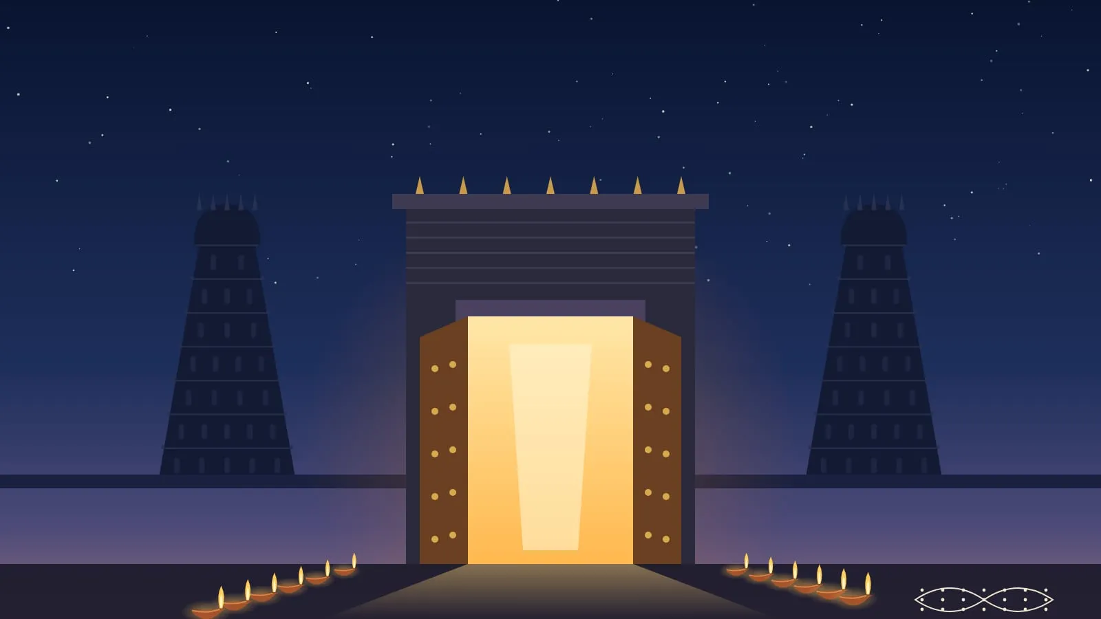 A picture drawn in code: a stone temple gateway under a starry sky before dawn, its tall wooden doors open and golden light pouring out, gopurams on either side, rows of lamps along the path and a kolam on the ground