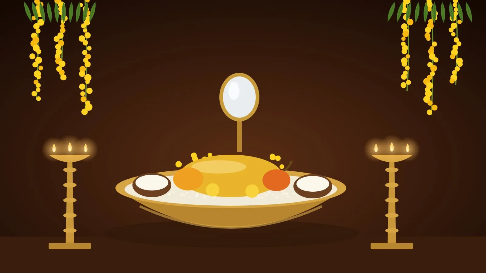 A picture drawn in code: before dawn in a dark room, a brass uruli with rice, a golden cucumber, coconuts and fruit, yellow konna flowers hanging from above, a mirror behind, and lit nilavilakku lamps on both sides