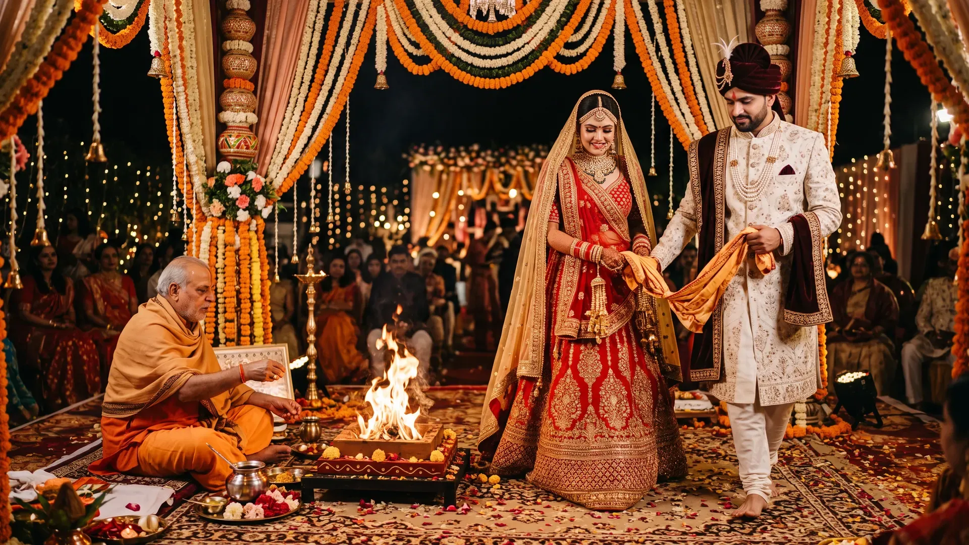 A Hindu wedding: the bride in a red and gold lehenga and the groom in a sherwani by the sacred fire in the mandap, with the priest seated beside it
