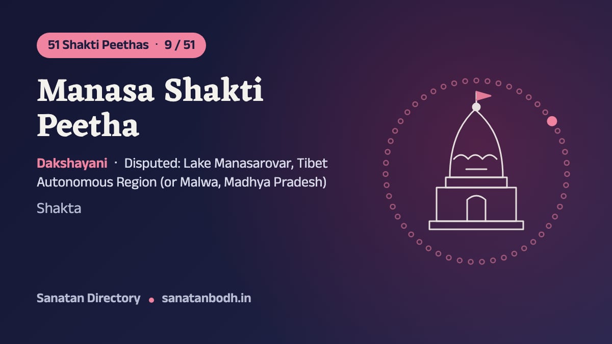 Manasa Shakti Peetha: The 51 Shakti Peethas 9/51, Dakshayani, Disputed: Lake Manasarovar, Tibet Autonomous Region (or Malwa, Madhya Pradesh)