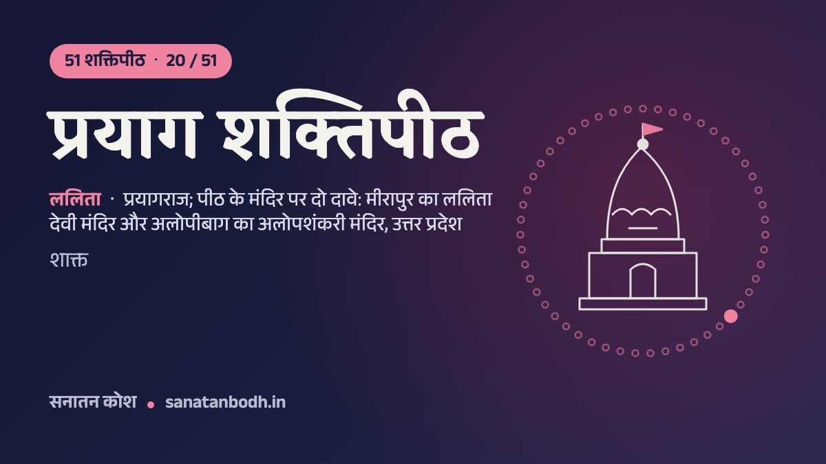 प्रयाग शक्तिपीठ: 51 शक्तिपीठ 20/51, ललिता, प्रयागराज; पीठ के मंदिर पर दो दावे: मीरापुर का ललिता देवी मंदिर और अलोपीबाग का अलोपशंकरी मंदिर, उत्तर प्रदेश