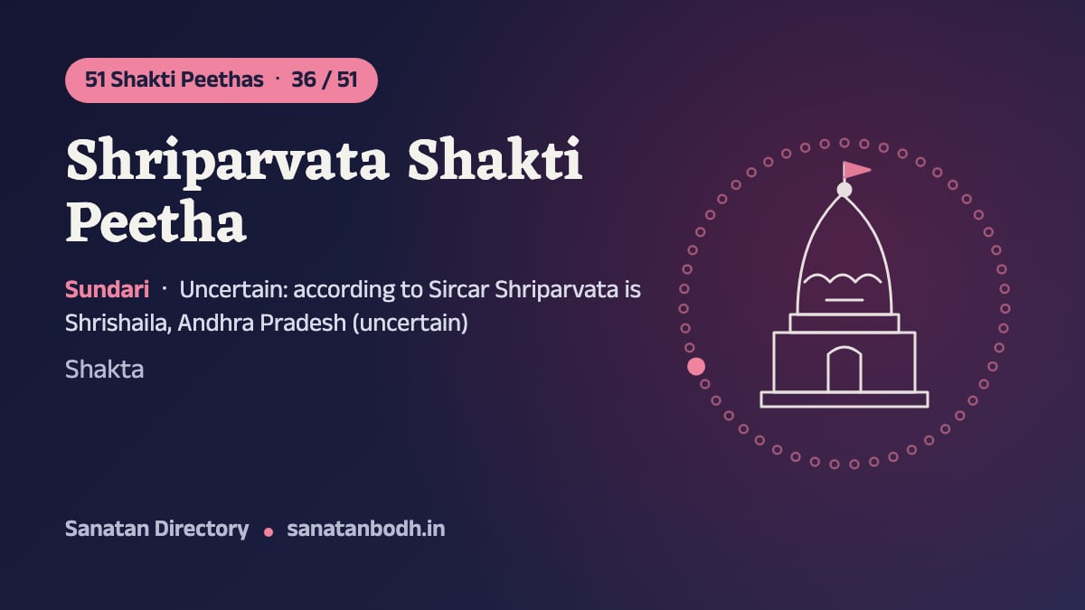 Shriparvata Shakti Peetha: The 51 Shakti Peethas 36/51, Sundari, Uncertain: according to Sircar Shriparvata is Shrishaila, Andhra Pradesh (uncertain)