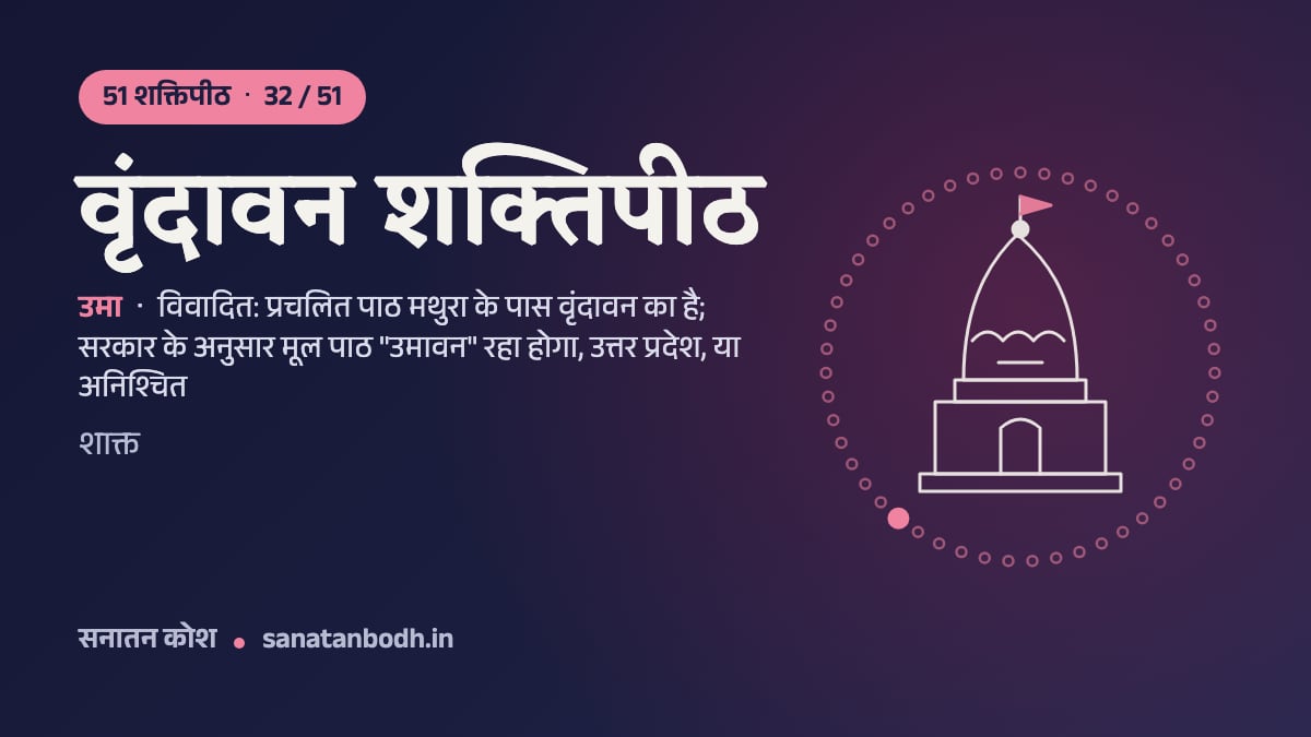 वृंदावन शक्तिपीठ: 51 शक्तिपीठ 32/51, उमा, विवादित: प्रचलित पाठ मथुरा के पास वृंदावन का है; सरकार के अनुसार मूल पाठ "उमावन" रहा होगा, उत्तर प्रदेश, या अनिश्चित