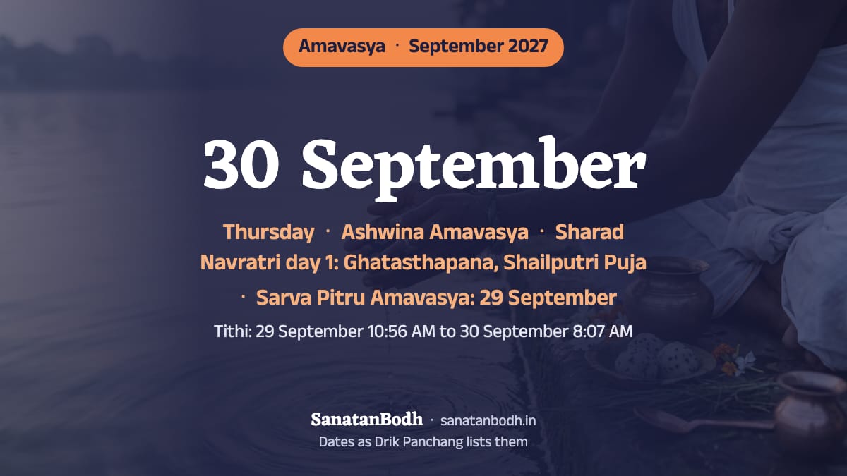 September 2027: Ashwina Amavasya on Thursday, 30 September (Sharad Navratri day 1: Ghatasthapana, Shailputri Puja the same day); Sarva Pitru Amavasya on Wednesday, 29 September.