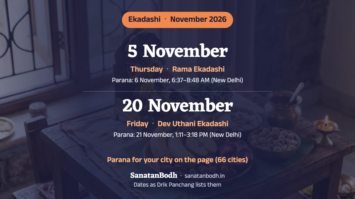 November 2026: Rama Ekadashi on Thursday, 5 November; Dev Uthani Ekadashi on Friday, 20 November.