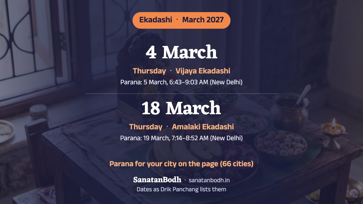 March 2027: Vijaya Ekadashi on Thursday, 4 March; Amalaki Ekadashi on Thursday, 18 March.