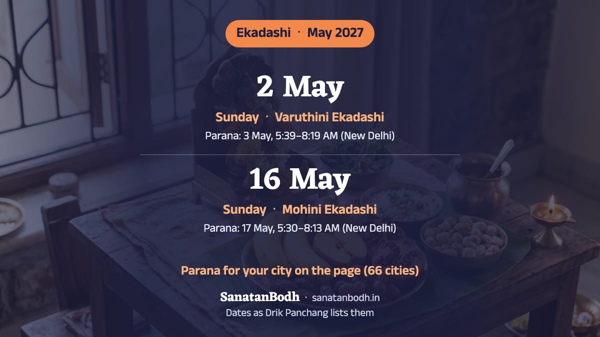 May 2027: Varuthini Ekadashi on Sunday, 2 May; Mohini Ekadashi on Sunday, 16 May.