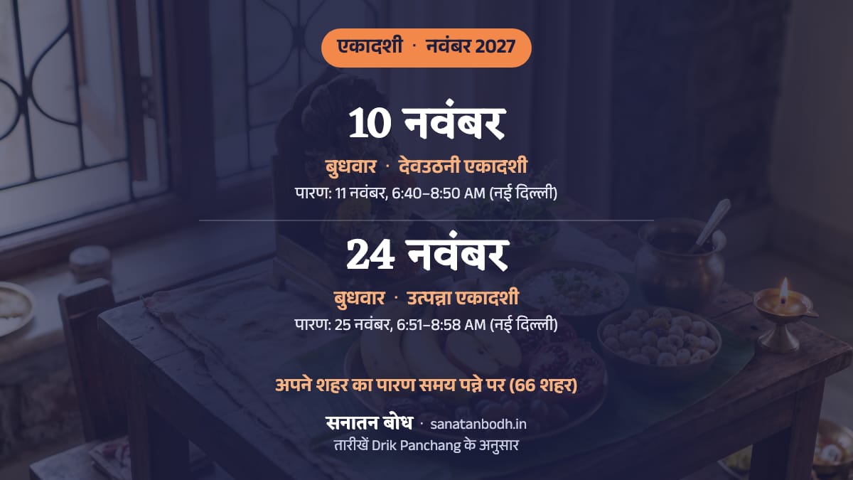 नवंबर 2027 में देवउठनी एकादशी: बुधवार, 10 नवंबर; उत्पन्ना एकादशी: बुधवार, 24 नवंबर।
