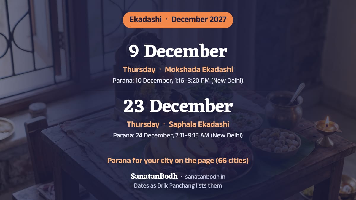 December 2027: Mokshada Ekadashi on Thursday, 9 December; Saphala Ekadashi on Thursday, 23 December.