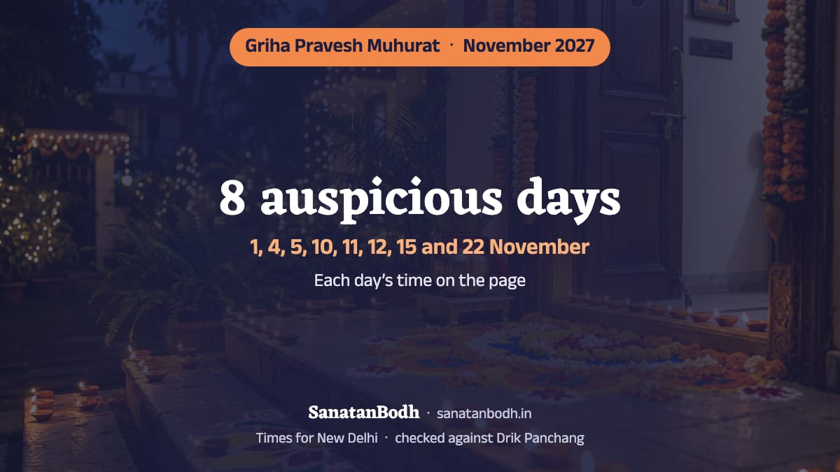 November 2027 has 8 auspicious days for griha pravesh (New Delhi): 1 November (Monday), 4 November (Thursday), 5 November (Friday), 10 November (Wednesday), 11 November (Thursday), 12 November (Friday), 15 November (Monday) and 22 November (Monday). The time, nakshatra and tithi of each are below.