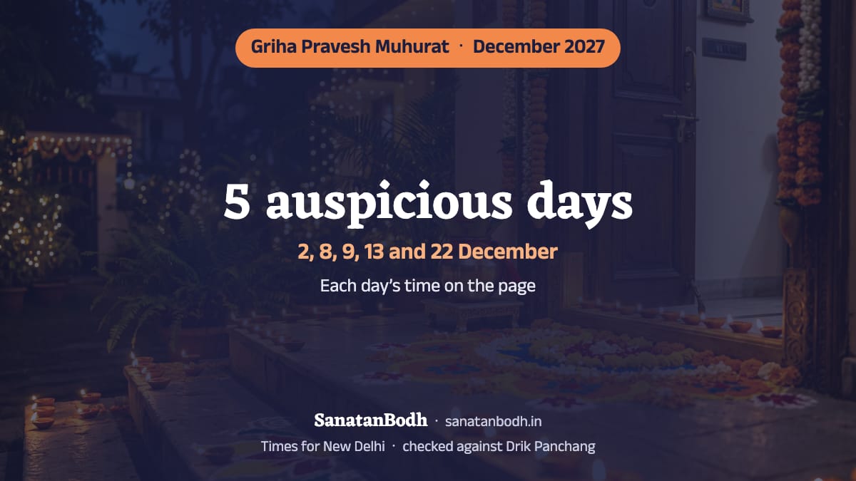December 2027 has 5 auspicious days for griha pravesh (New Delhi): 2 December (Thursday), 8 December (Wednesday), 9 December (Thursday), 13 December (Monday) and 22 December (Wednesday). The time, nakshatra and tithi of each are below.